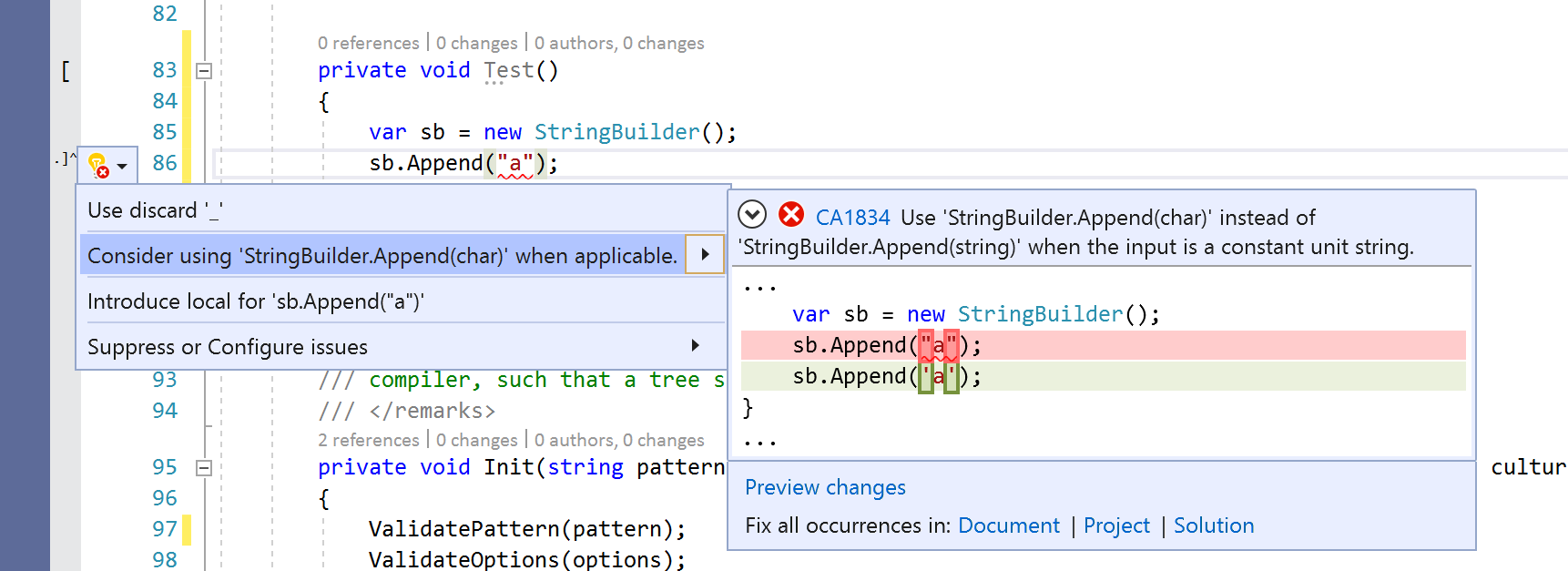 Correctif de code pour CA1834&nbsp;: utiliser StringBuilder.Append(char) pour les chaînes de caractères uniques