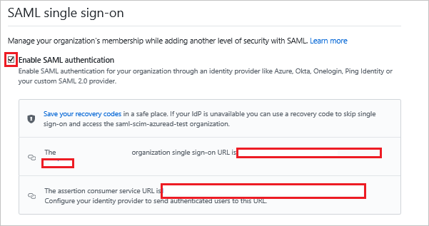 Capture d’écran montrant la section «&nbsp;SAML Single Sign-on&nbsp;» avec «&nbsp;Enable SAML authentication&nbsp;» avec des zones de texte d’URL mises en évidence.