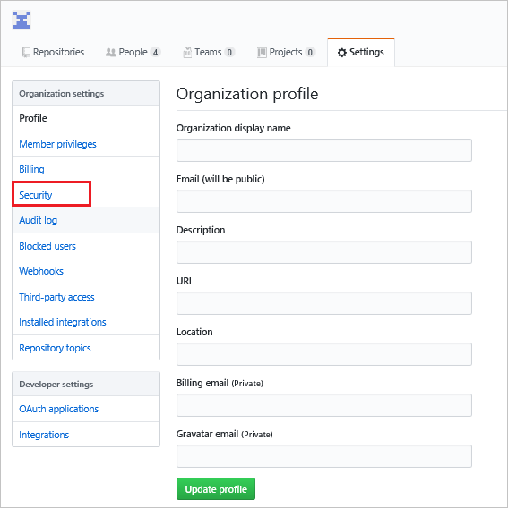 Capture d’écran montrant le menu «&nbsp;Organization settings&nbsp;» GitHub avec «&nbsp;Security&nbsp;» sélectionné.