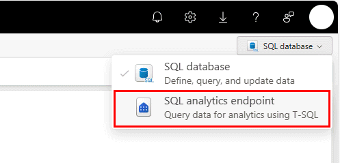 Capture d’écran du sélecteur de liste déroulante de base de données SQL ou de point de terminaison d’analytique SQL dans le portail Fabric.