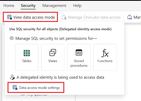 Capture d’écran montrant la navigation vers les paramètres du mode d’accès aux données pour un point de terminaison d’analytique SQL.