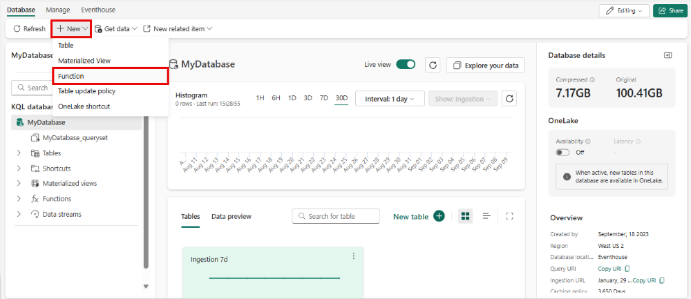 Capture d’écran d’une page d’accueil de base de données KQL montrant le menu déroulant Nouvelle option. L’option intitulée Fonction est mise en surbrillance.