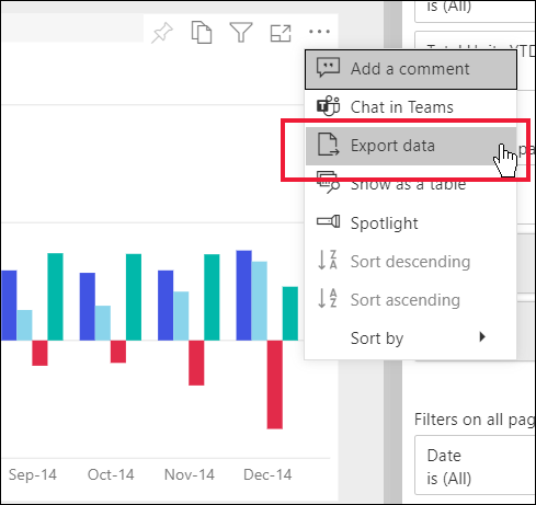 Capture d’écran montrant un visuel Power BI avec le menu Options ouvert et mis en surbrillance la commande exporter les données.