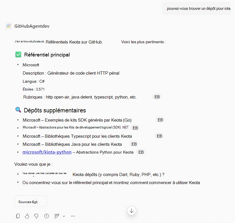 Capture d’écran de la réponse de l’agent à une requête de référentiels