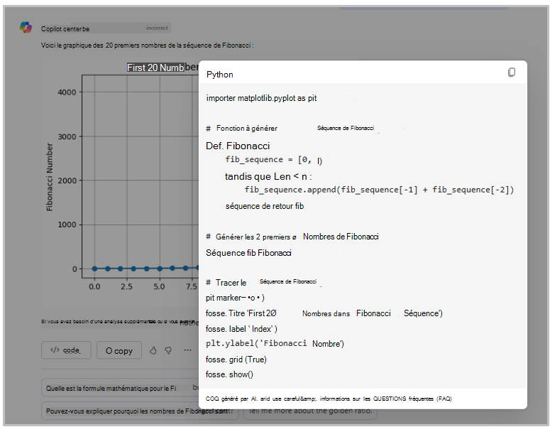 Capture d’écran du code Python pour représenter les 20 premiers nombres d’une séquence de Fibonacci.