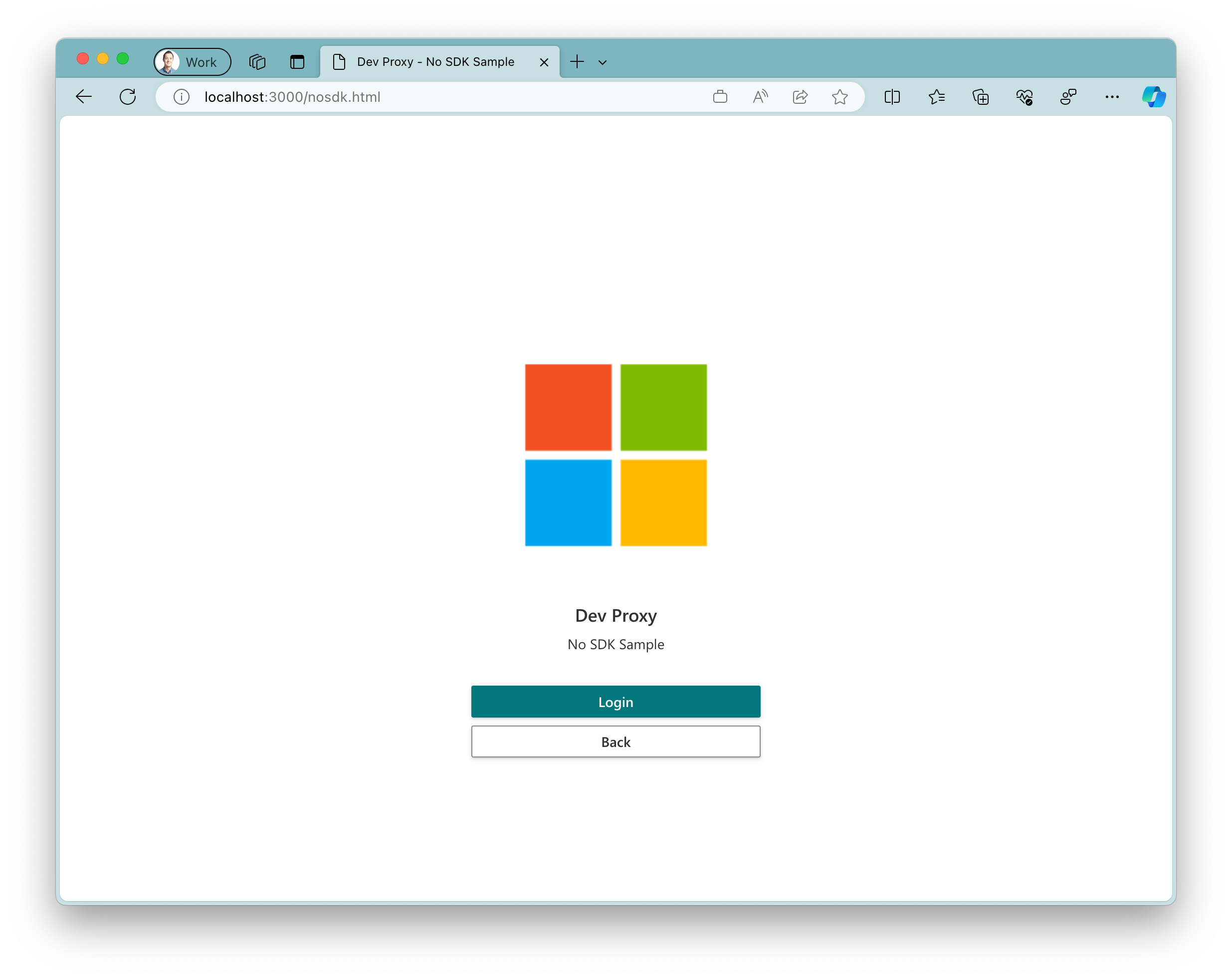 Capture d’écran de l’exemple d’application en cours d’exécution dans le navigateur Microsoft Edge sur Windows 11. L’application affiche un grand logo Microsoft avec deux boutons en dessous. Bouton principal avec le texte « Connexion » et un bouton secondaire avec le texte « Précédent ».