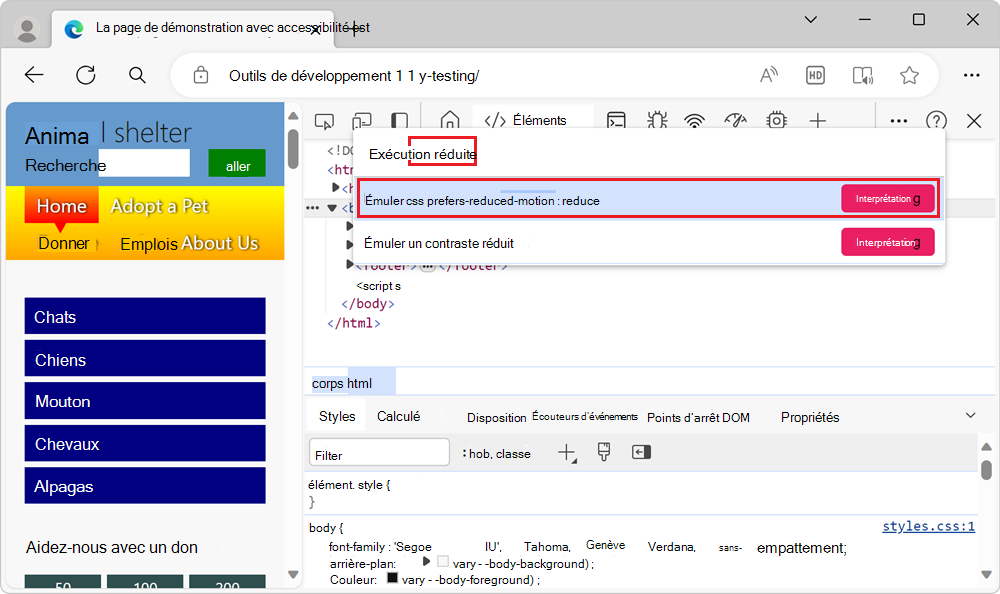 L’option Émuler css prefers-reduced-motion dans le menu Commande