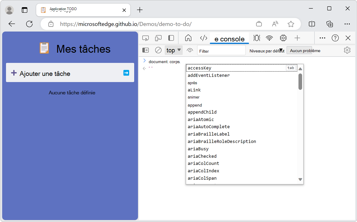 Autocomplétion des expressions JavaScript dans la console
