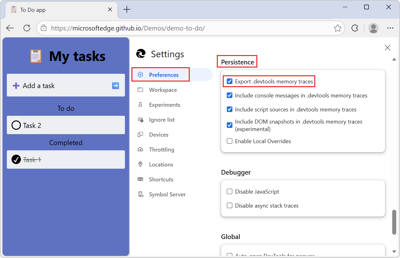 Panneau Paramètres dans DevTools, montrant l’option de type d’exportation