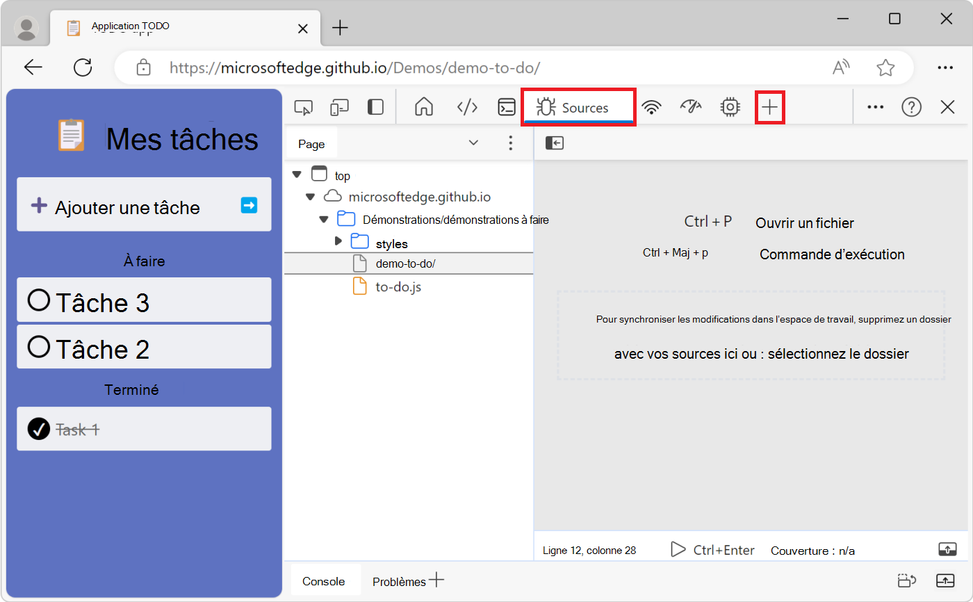 L’outil Sources avec l’onglet Page ouvert sur la gauche
