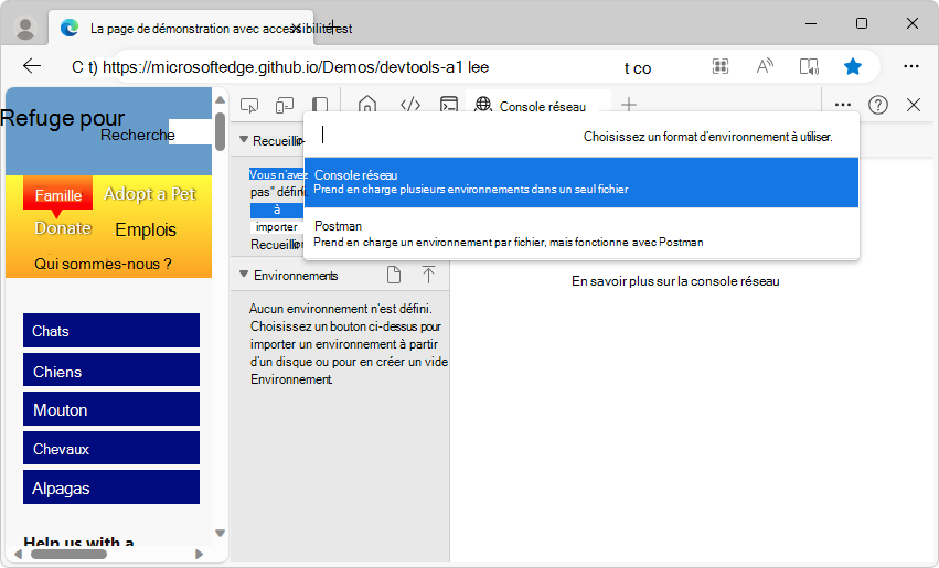 Sélection du format pour le nouvel environnement