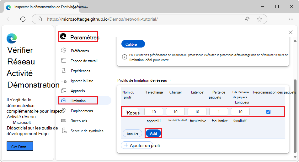Création d’un profil de limitation personnalisé dans DevTools > Paramètres > Limitation