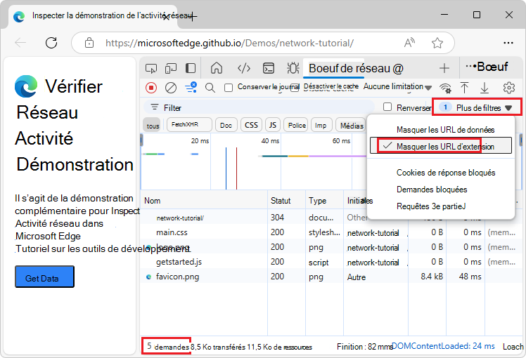 URL d’extension masquées dans le tableau des demandes