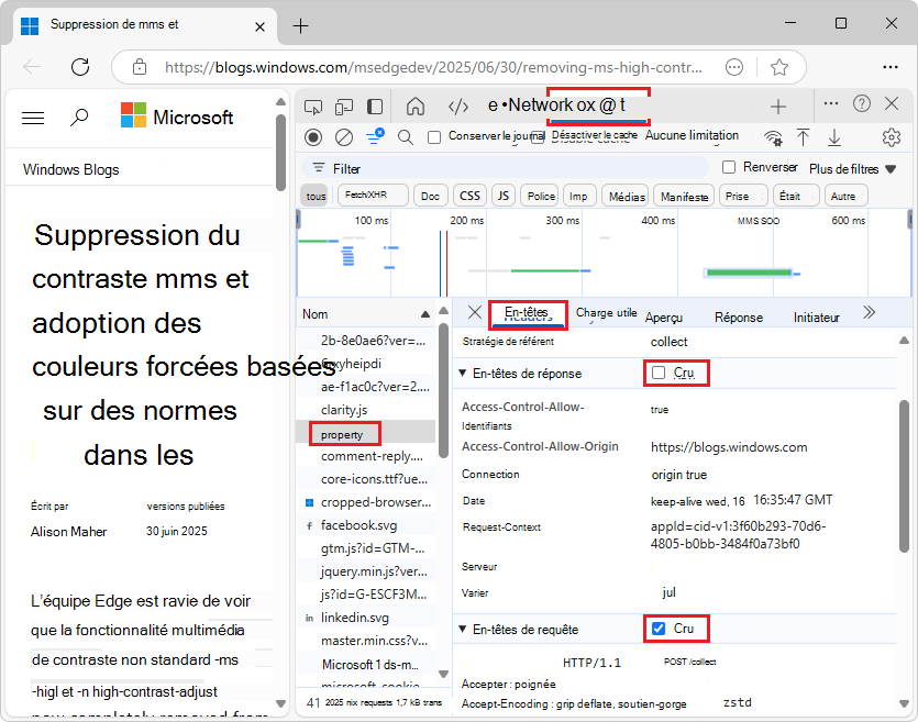 Onglet > En-têtes Afficher la source