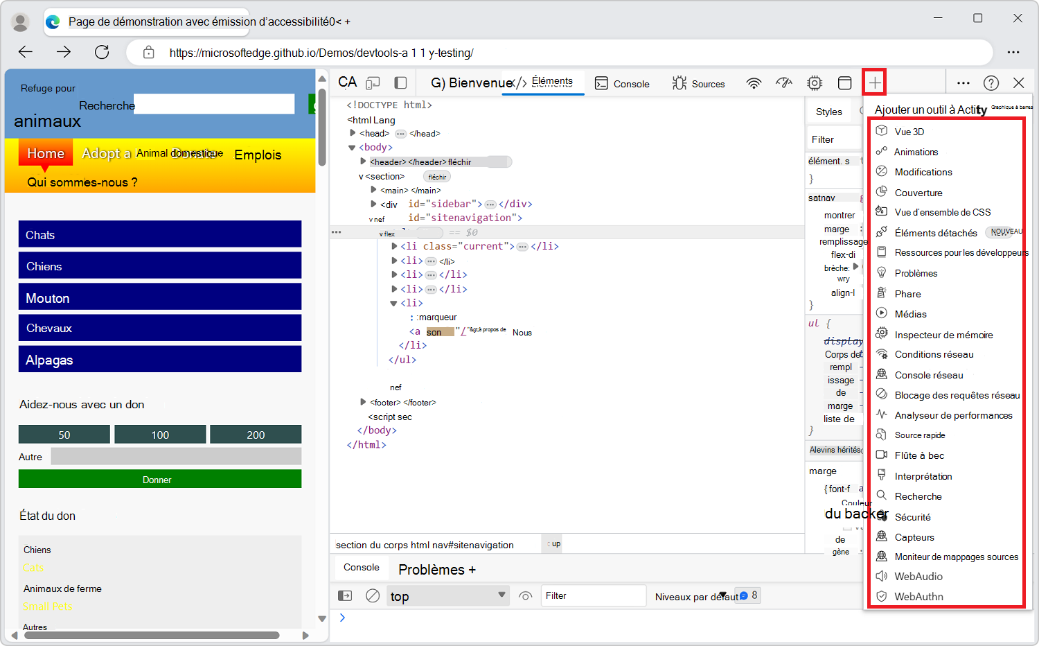 Menu Plus d’outils dans la barre d’activités, avec la liste développée de tous les outils