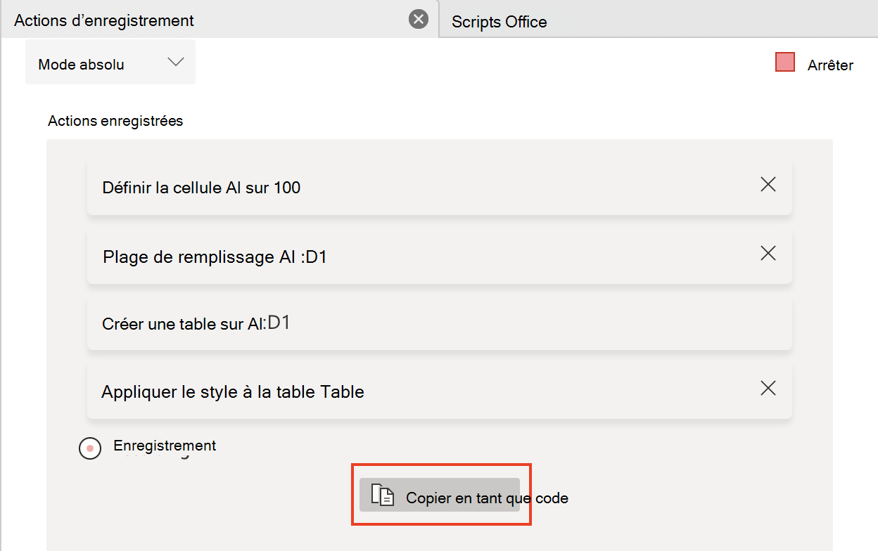 Volet des tâches de l’enregistreur d’actions avec le bouton « Copier en tant que code » en surbrillance.