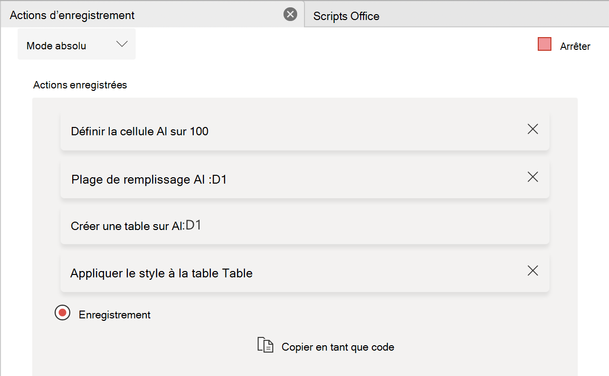 Liste des actions enregistrées par l’enregistreur d’actions.