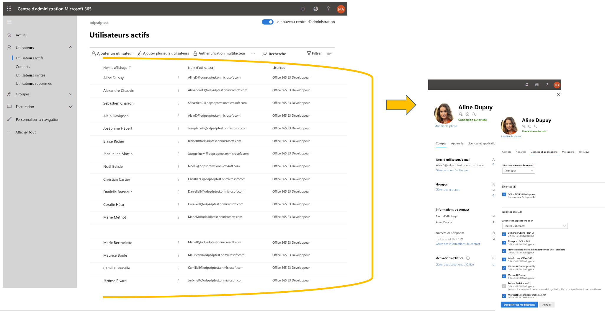 Capture d’écran représentant la liste de 16&nbsp;utilisateurs dans le Centre d’administration Microsoft&nbsp;365 ainsi que les métadonnées d’un utilisateur sélectionné