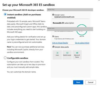 Configurer votre bac à sable Microsoft 365 E5 - boîte de dialogue de sélection du type de bac à sable