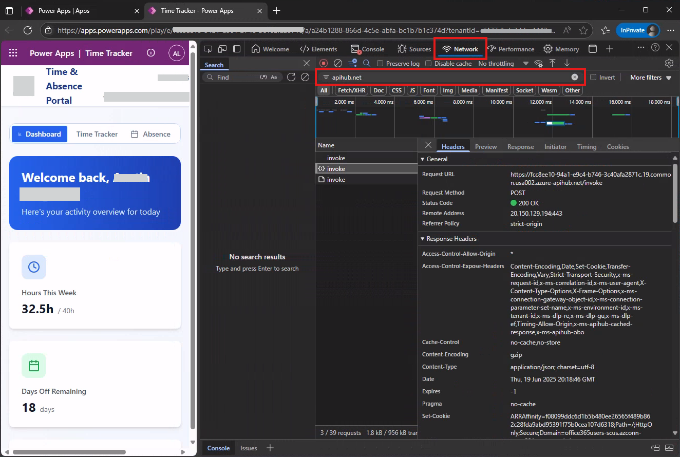 Image montrant l’utilisation de la chaîne apihub.net pour filtrer les demandes de connecteurs à l’aide d’outils de développement avec le navigateur Edge