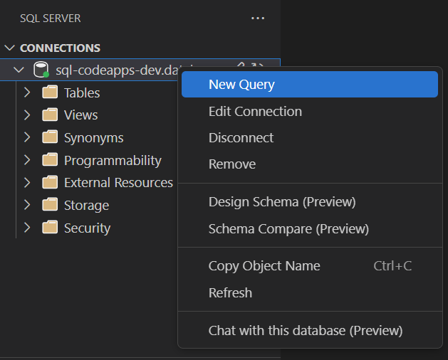 Nouvelle commande de requête pour la base de données dans l’extension SQL VS Code