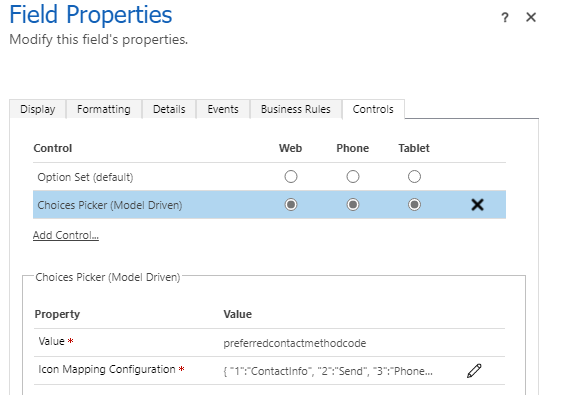 Capture d’écran des propriétés du contrôle ChoicesPicker avec la configuration du mappage d’icônes.