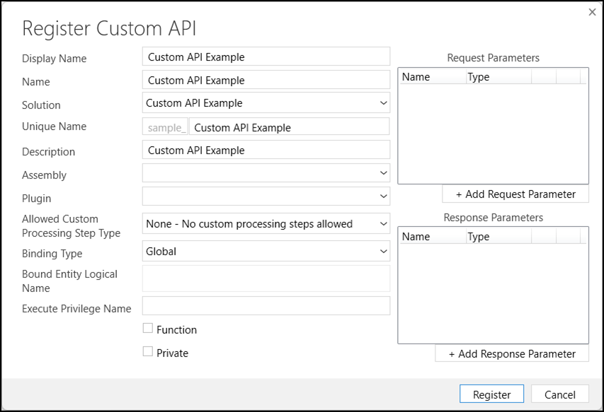 Formulaire d’API personnalisée PRT