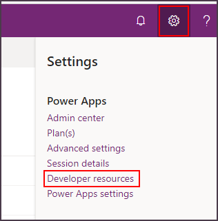 Capture d’écran du menu Ressources du développeur dans les paramètres Power Apps.