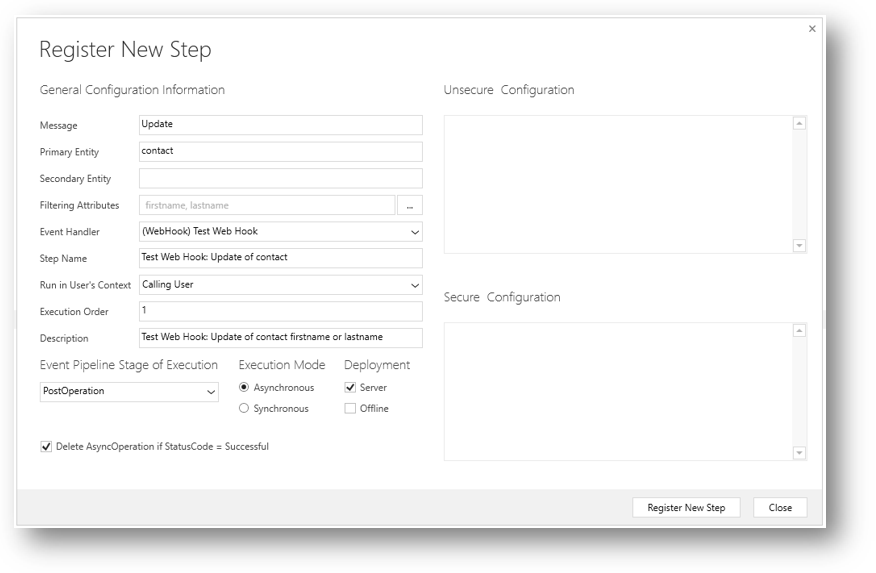 Boîte de dialogue d’enregistrement du plug-in pour enregistrer une nouvelle étape WebHook.