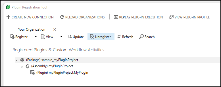 Affichage de la commande Annuler l’enregistrement lorsqu’un package de plug-in est sélectionné.
