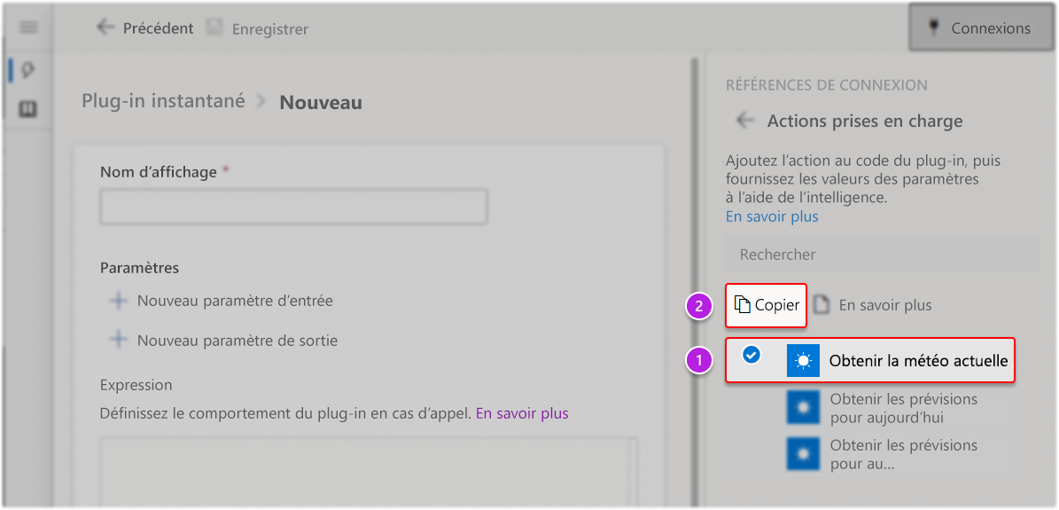 Copiez l’extrait d’action à partir du volet des connexions
