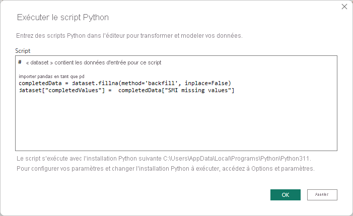 Capture d’écran de la boîte de dialogue Exécuter un script Python, montrant le code de script.