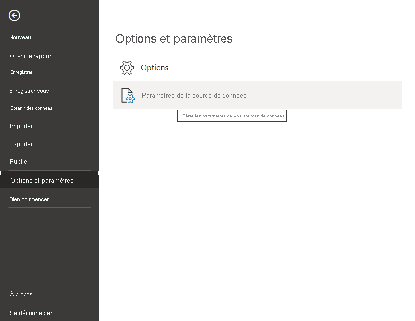 Capture d’écran du menu Fichier dans Power BI Desktop, montrant la sélection des paramètres de source de données.