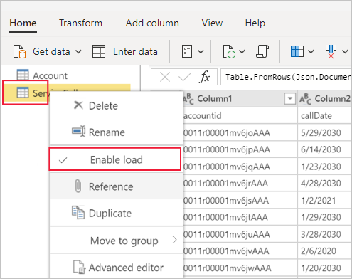 Capture d’écran du menu contextuel d’une table sélectionnée avec Activer le chargement mis en évidence.