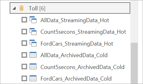 Capture d’écran d’une liste de tables de sortie du flux de données Toll.