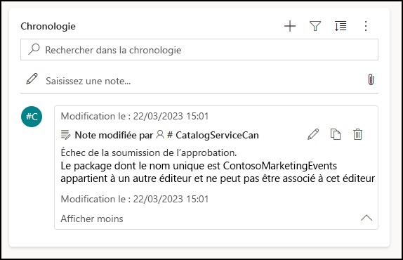 Exception dans les notes de la carte de chronologie.