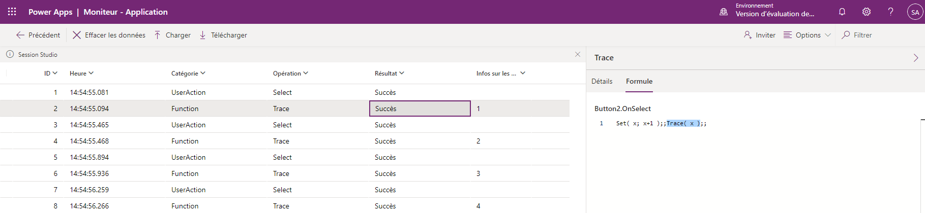 trace de moniteur en direct montrant le bouton appuyé quatre fois et incréments correspondants d’une variable
