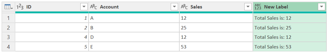 Capture d’écran du tableau avec la colonne sales convertie d’un nombre en type de texte et une nouvelle colonne contenant les deux expressions.