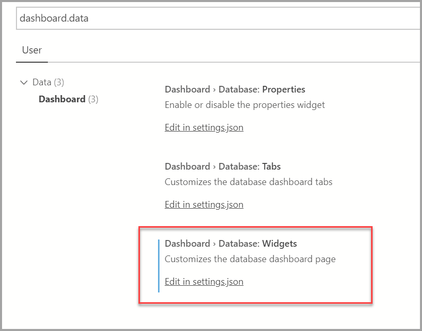 Capture d’écran montrant la section des paramètres utilisateur avec la section Widgets de la base de données du tableau de bord > mise en évidence.
