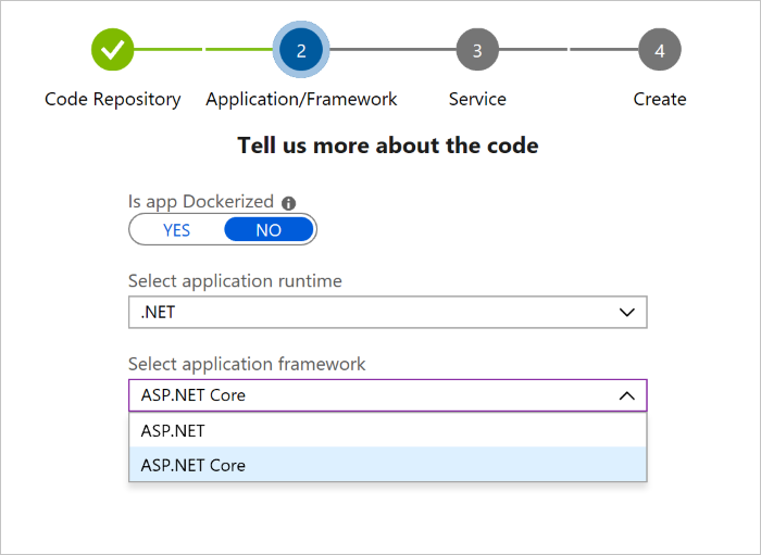 sélection de l’infrastructure d’application dans le menu déroulant