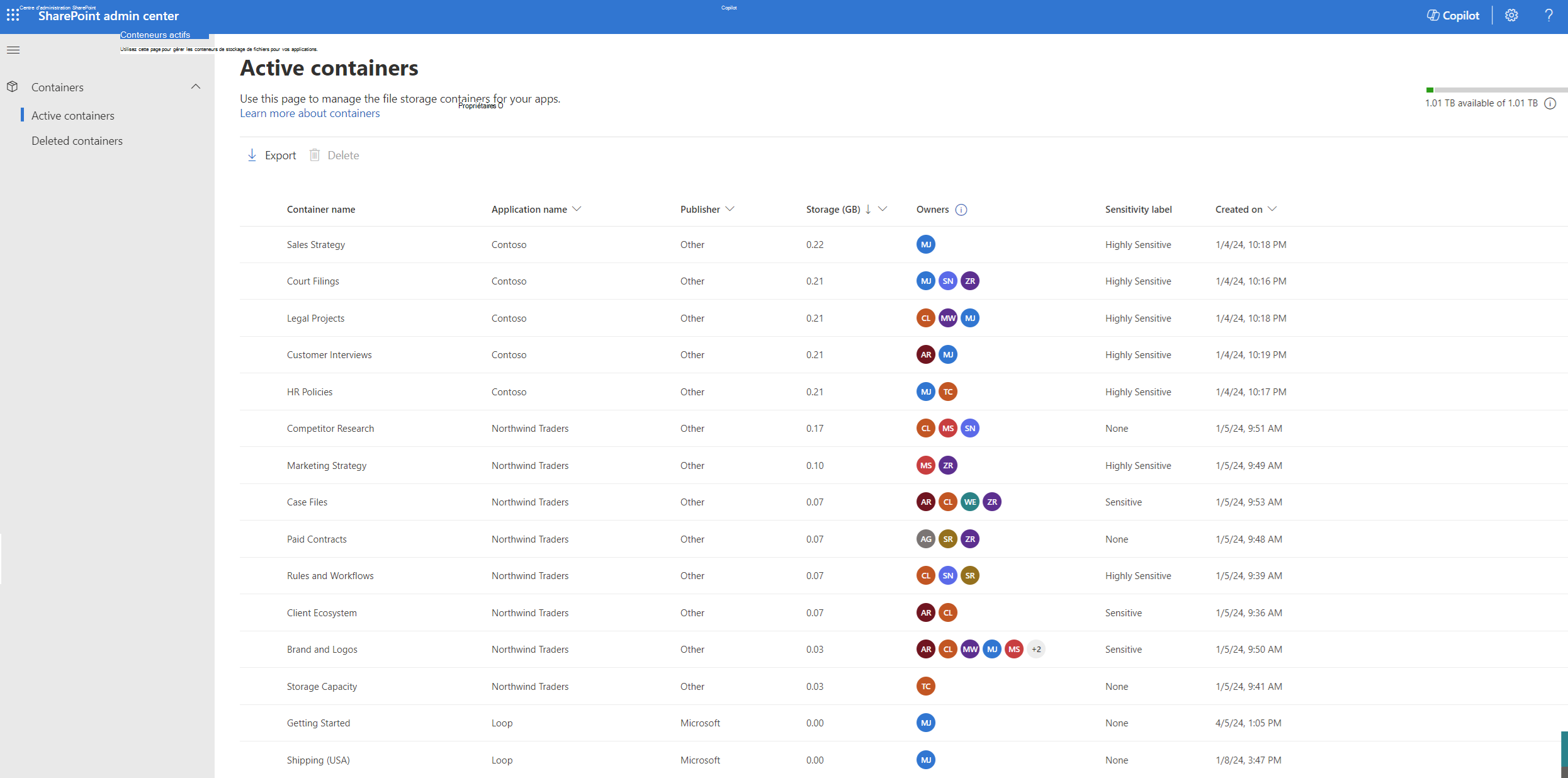 Navigation gauche du centre d’administration SharePoint pour un administrateur SharePoint Embedded, affichant uniquement les pages Conteneurs actifs et Conteneurs supprimés.
