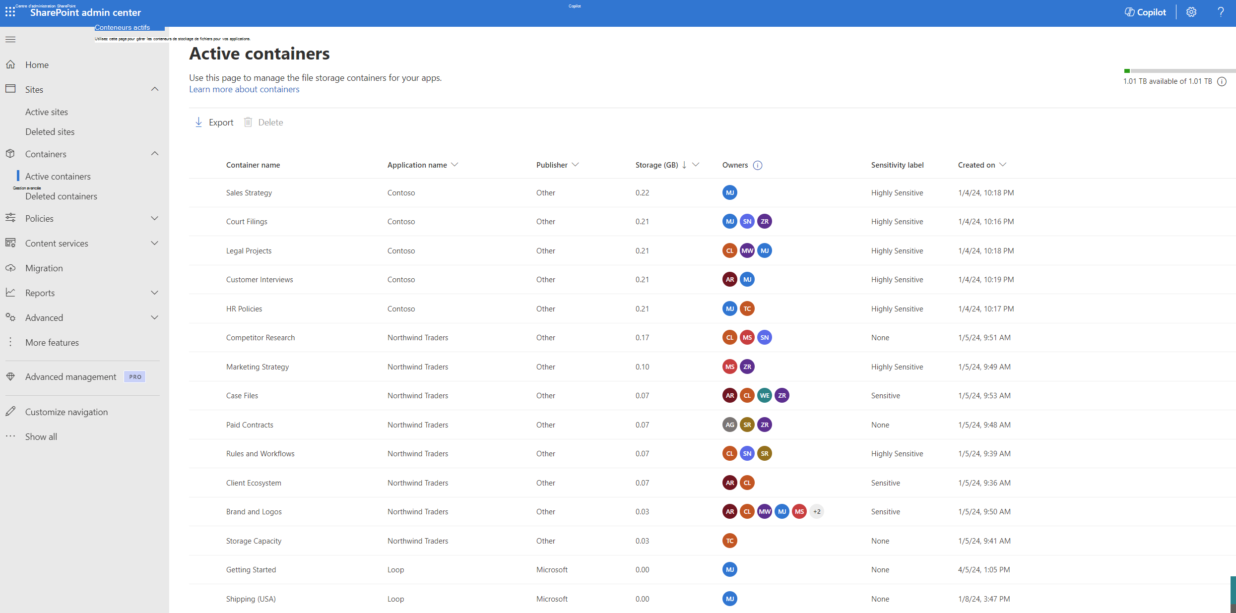 Page Conteneurs actifs répertoriant les conteneurs avec des colonnes pour le nom, l’application, l’éditeur, le type de propriété, le stockage, les propriétaires, l’étiquette de confidentialité et la date de création.