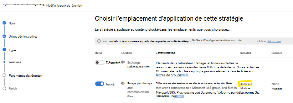 Stratégie DLP Microsoft Purview configurée pour Tous les sites afin d’inclure tous les sites SharePoint et les conteneurs SharePoint Embedded.