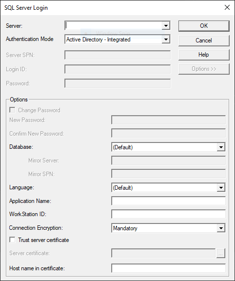 Capture d’écran de la boîte de dialogue de connexion au serveur SQL.