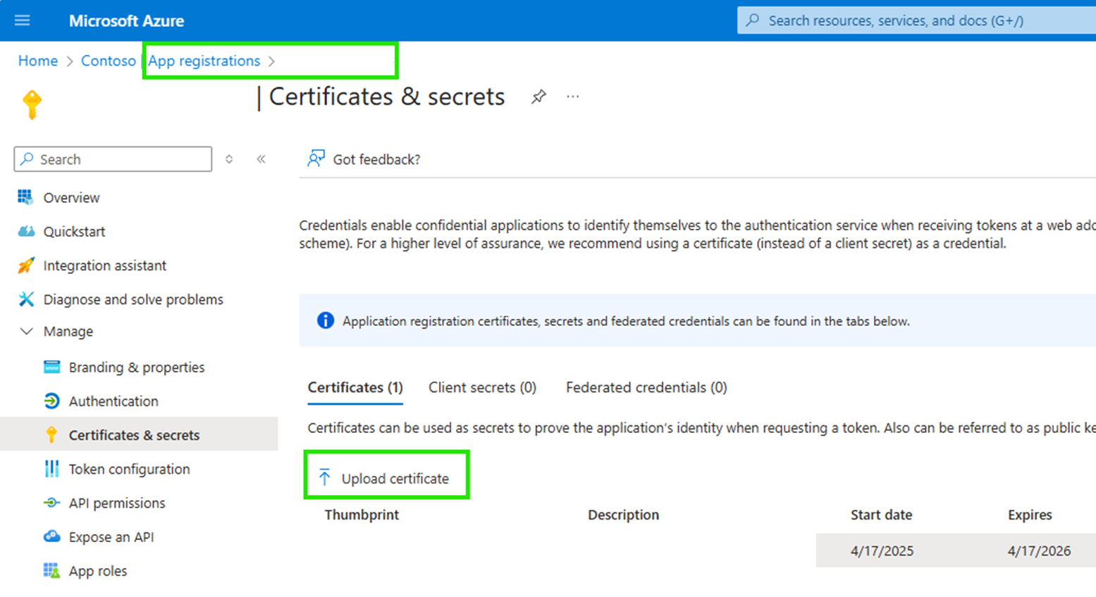 Capture d’écran du chargement d’un certificat pour l’application dans le portail Azure.
