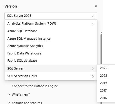 Capture d’écran montrant le filtre de version dans la documentation SQL.