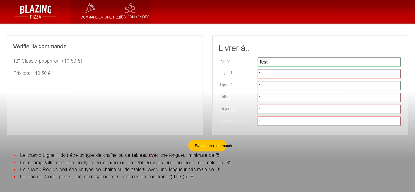 Capture d’écran d’un exemple de formulaire affichant des commentaires pour l’utilisateur sur les données non valides.