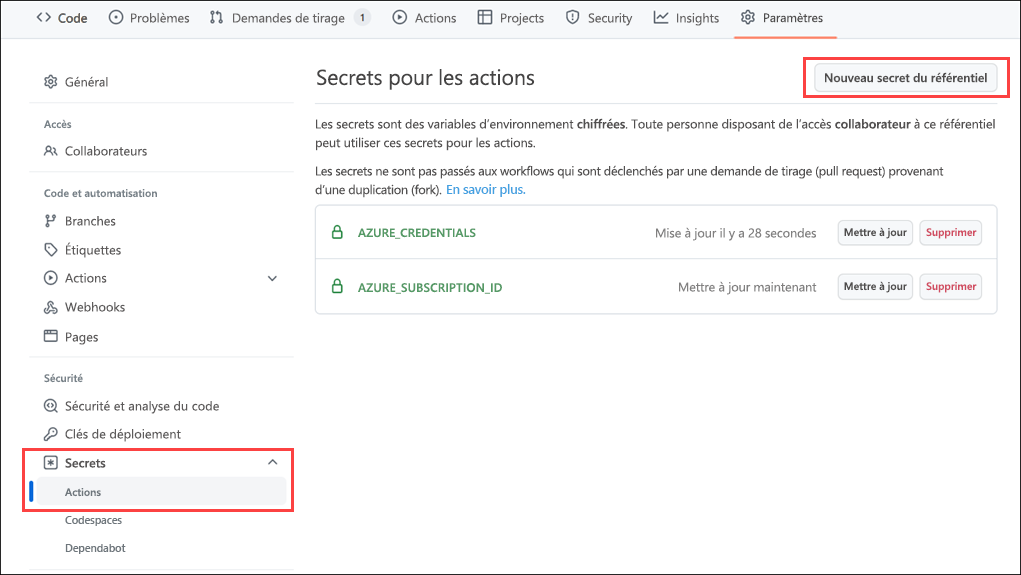 Capture d’écran de l’interface du portail GitHub pour la création d’un secret.