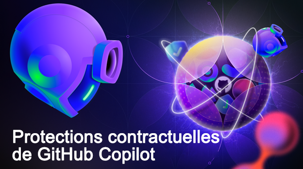 Capture d’écran d’une représentation futuriste aux couleurs néon de GitHub Copilot représentée sous la forme d’un casque robotique stylisé.