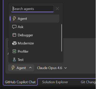 Screenshot affichant le sélecteur d’agents avec des agents personnalisés dans Visual Studio.